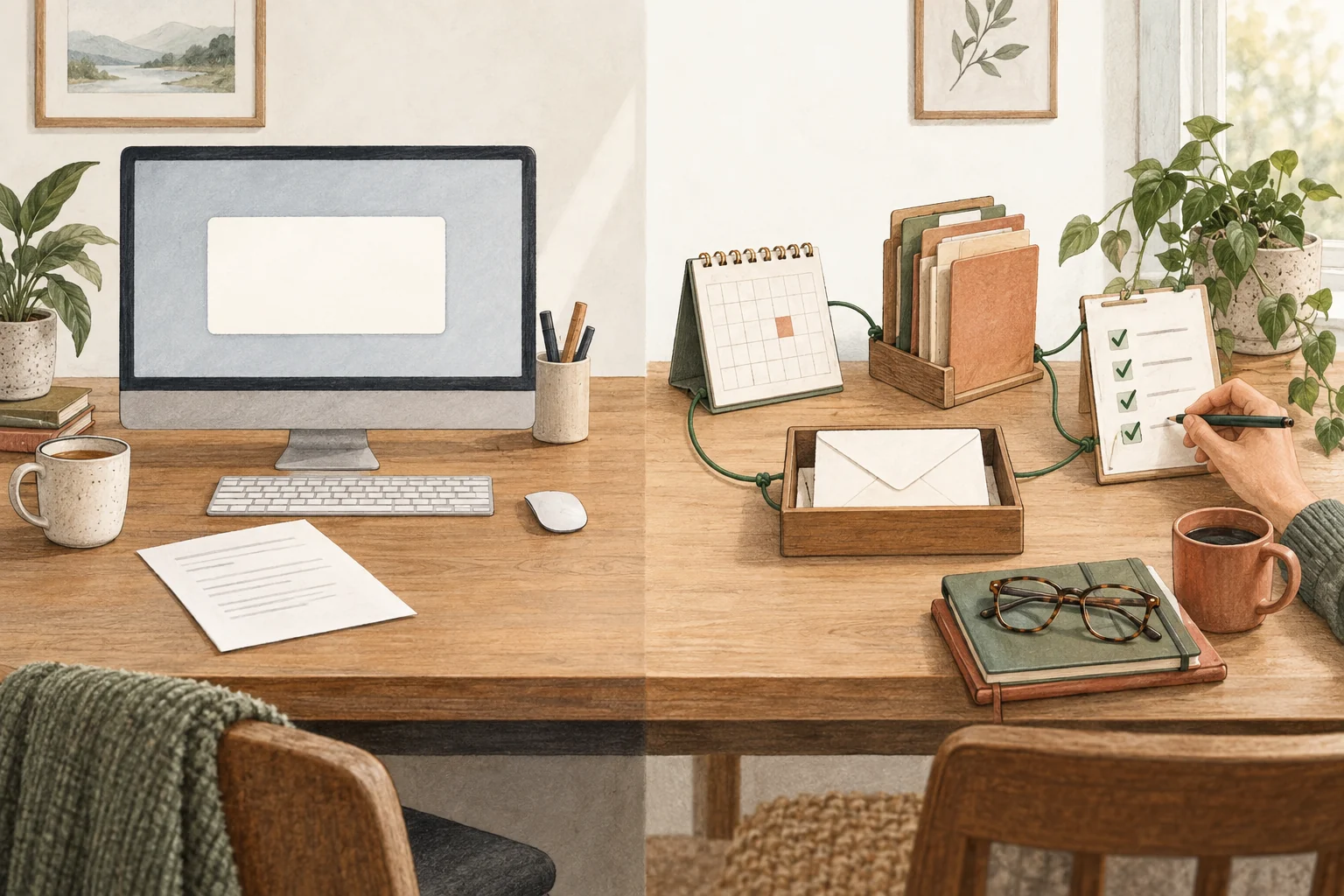 An illustrated desk contrasts a single answer on a screen with connected calendars, folders, and a checklist reviewed by a person.