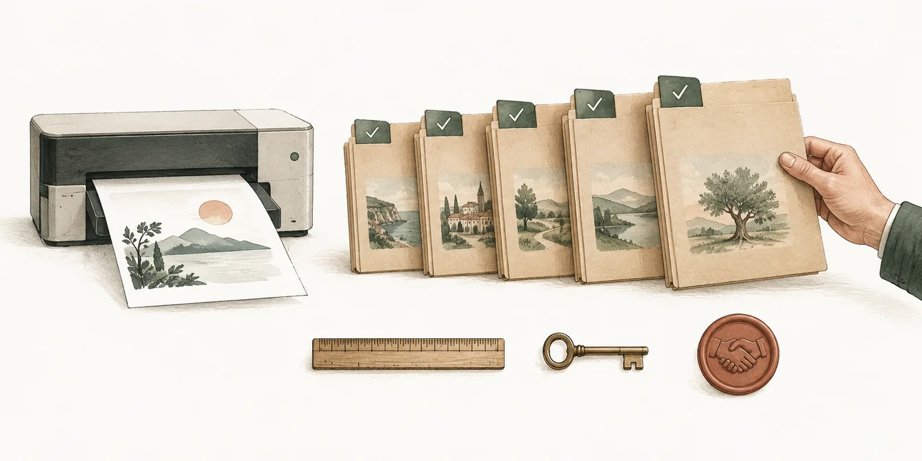A printed output sits beside a series of checked case folders and a person accepting the final folder.