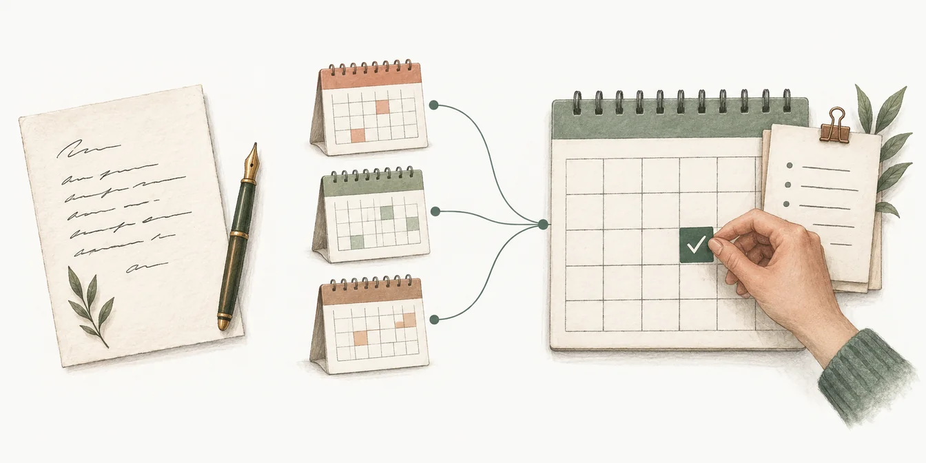 An invitation note sits beside three calendars connected to a shared calendar, where a person checks the selected date.
