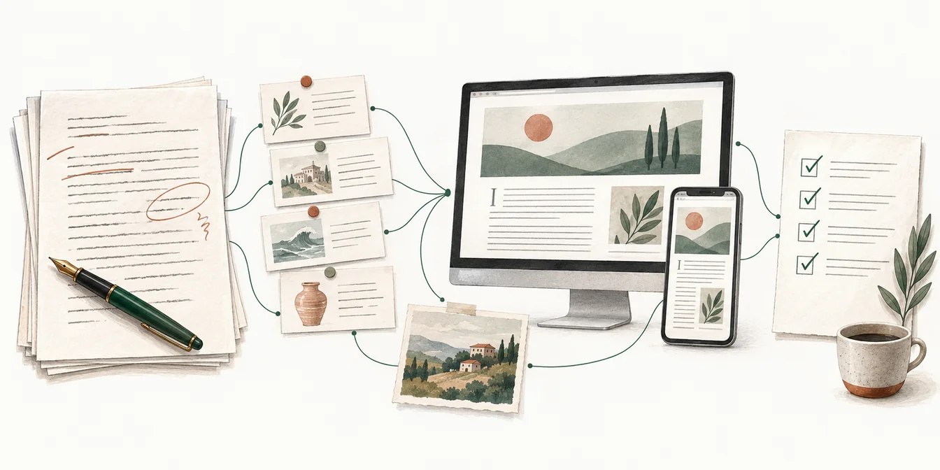 A manuscript connects to source cards, images, desktop and phone previews, and a final review checklist.