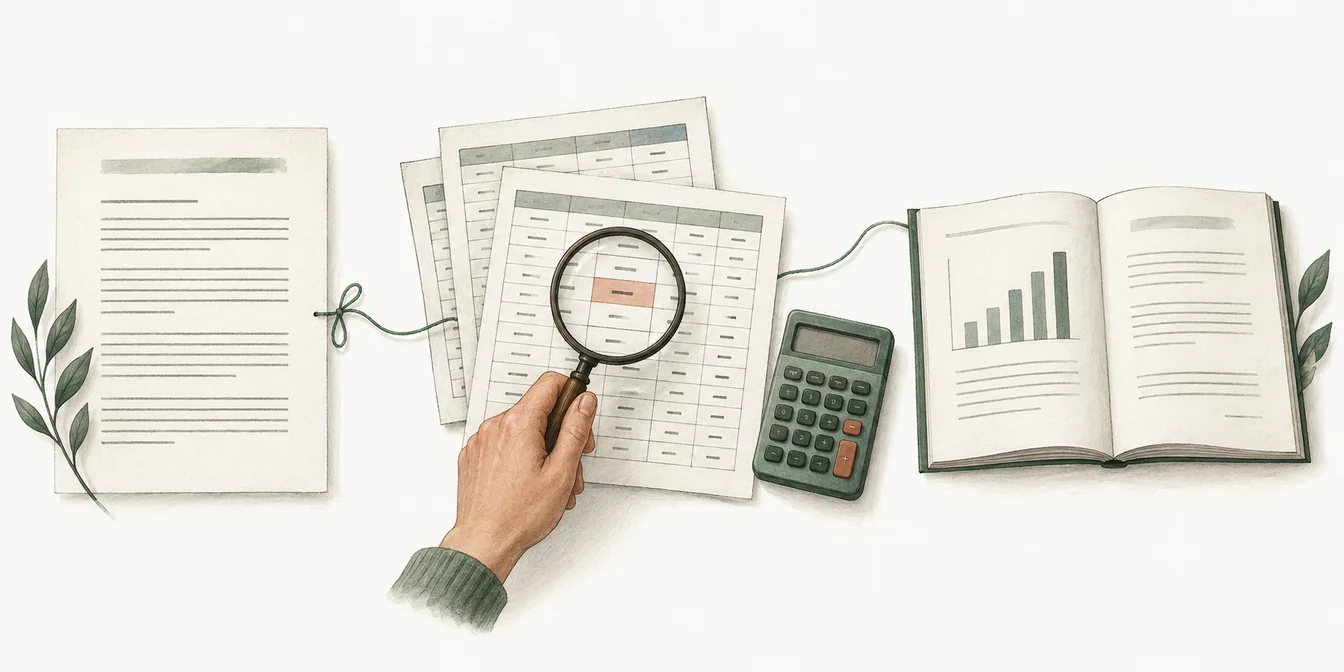 A polished summary sits beside source tables being checked with a magnifying glass, a calculator, and a final report.