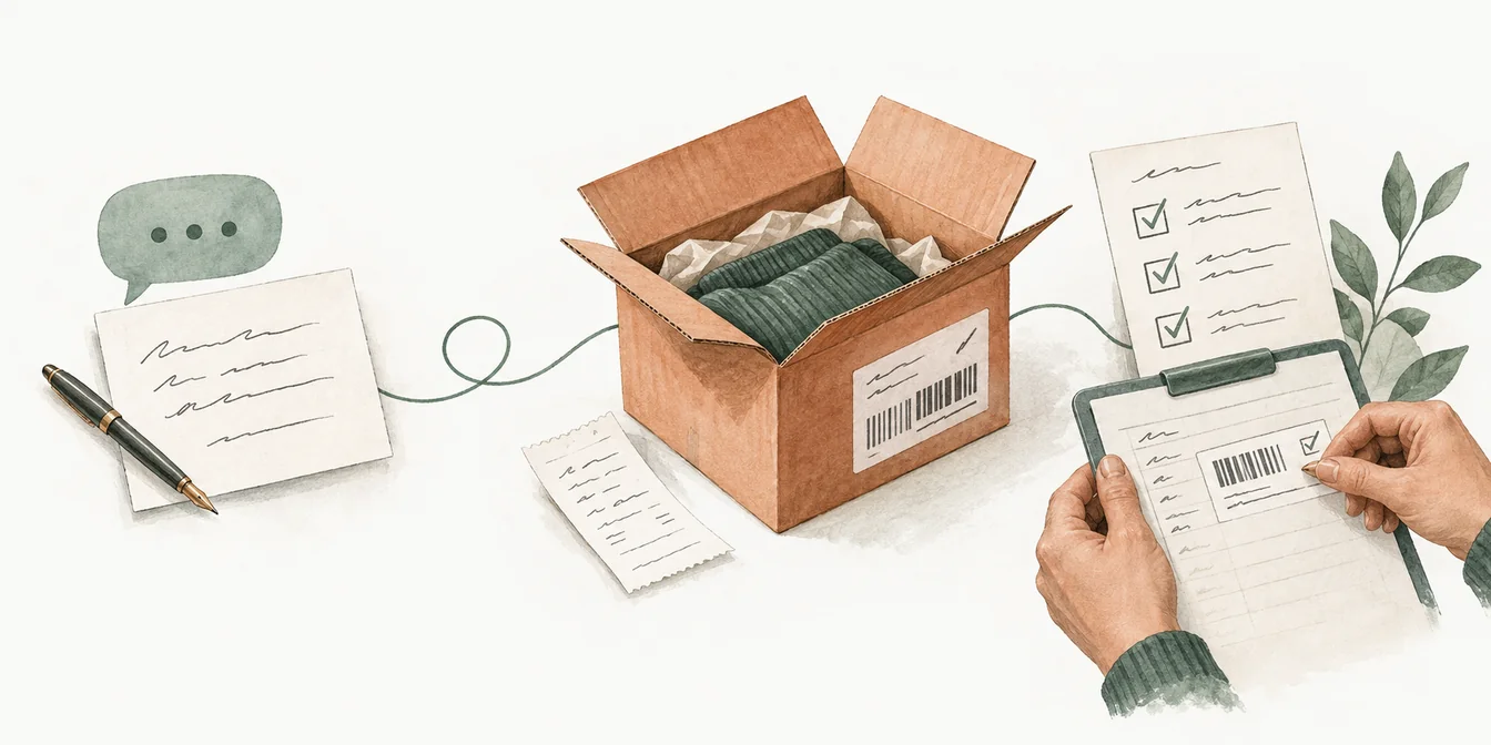 A reply note leads to a return parcel, receipt, policy checklist, and a person verifying the return label.
