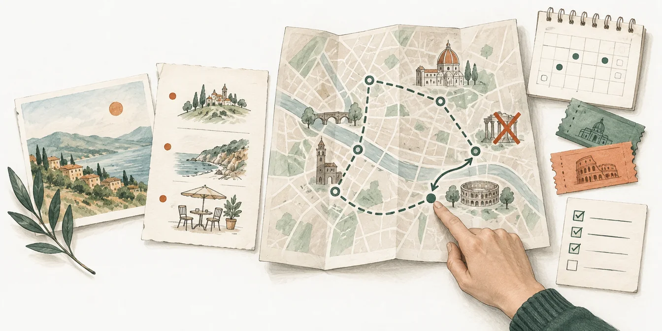 Travel ideas sit beside a map, calendar, tickets, and an alternate route around a closed attraction.