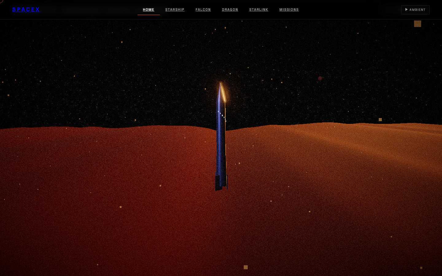 SpaceX marketing site built by Claude Code — Martian terrain with Starship on the horizon, procedural starfield