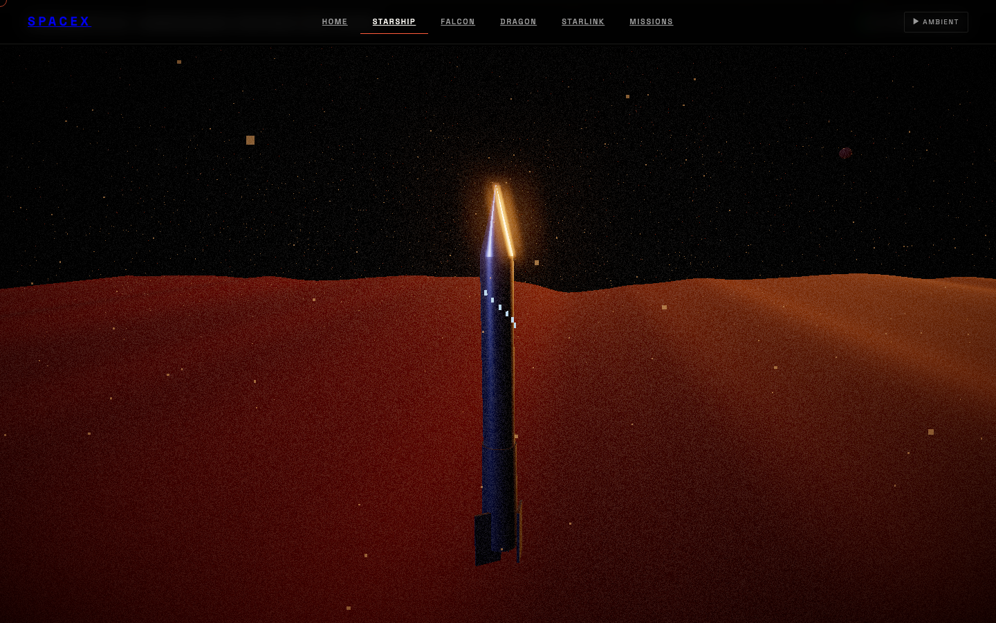 SpaceX Starship route — close camera orbit around Starship vehicle with Martian terrain