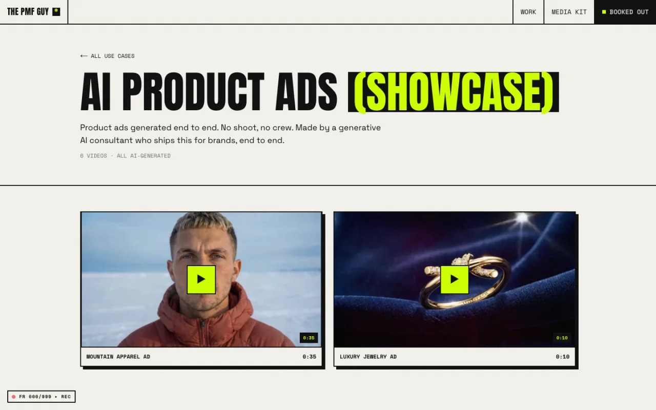 thepmfguy.com AI Product Ads showcase page with embedded video work