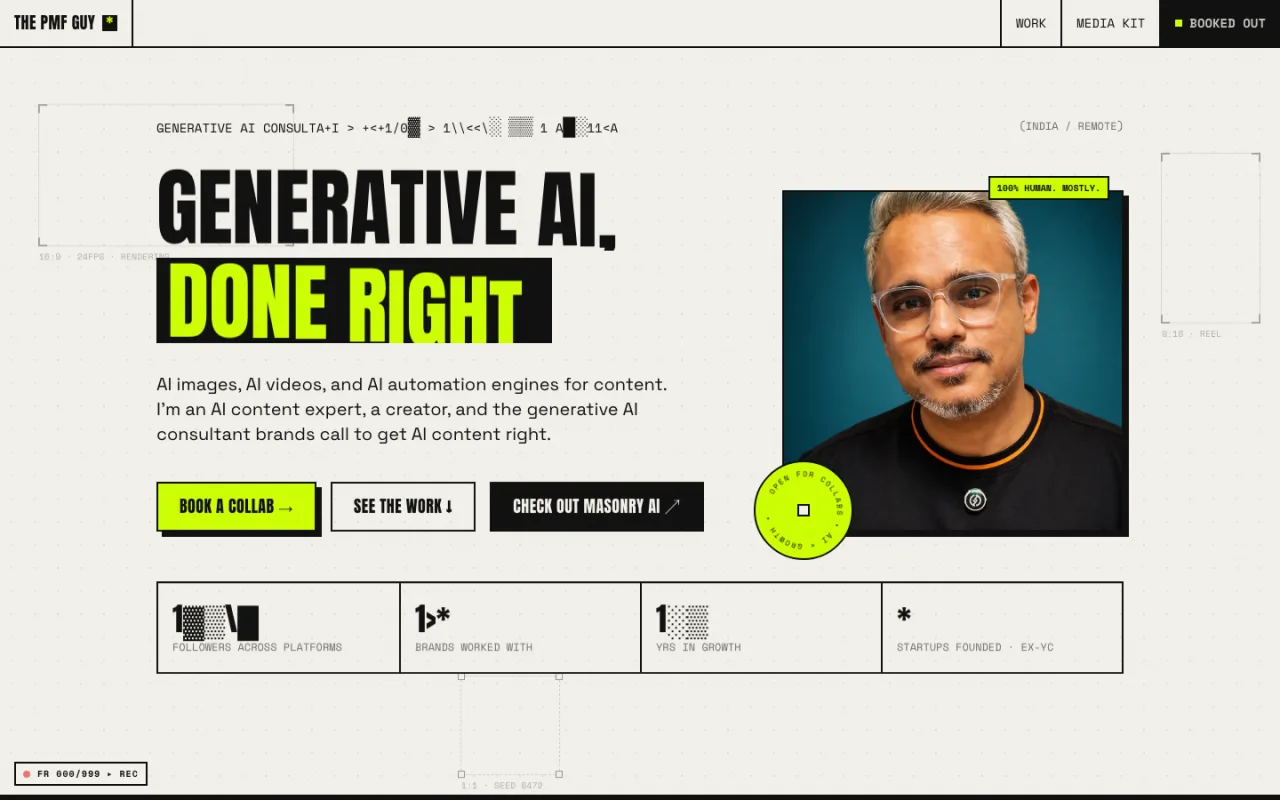 thepmfguy.com homepage: Generative AI, Done Right, bold brutalist design with neon accents