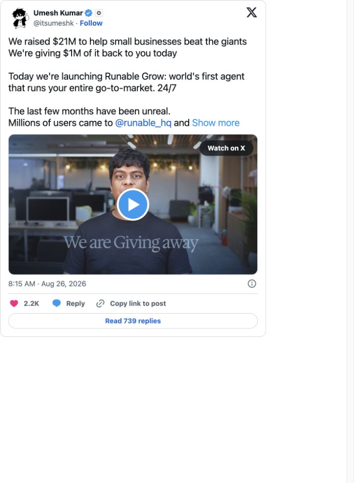 Screenshot of Umesh Kumar’s X announcement: Runable raised $21M and launched Runable Grow on August 26, 2026.